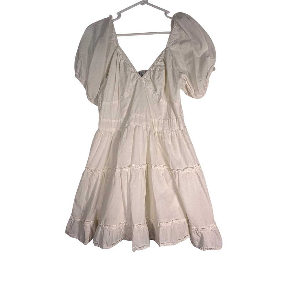 And Now This Womens White Cotton Puff Sleeve Tiered Smocked Mini Dress Size M